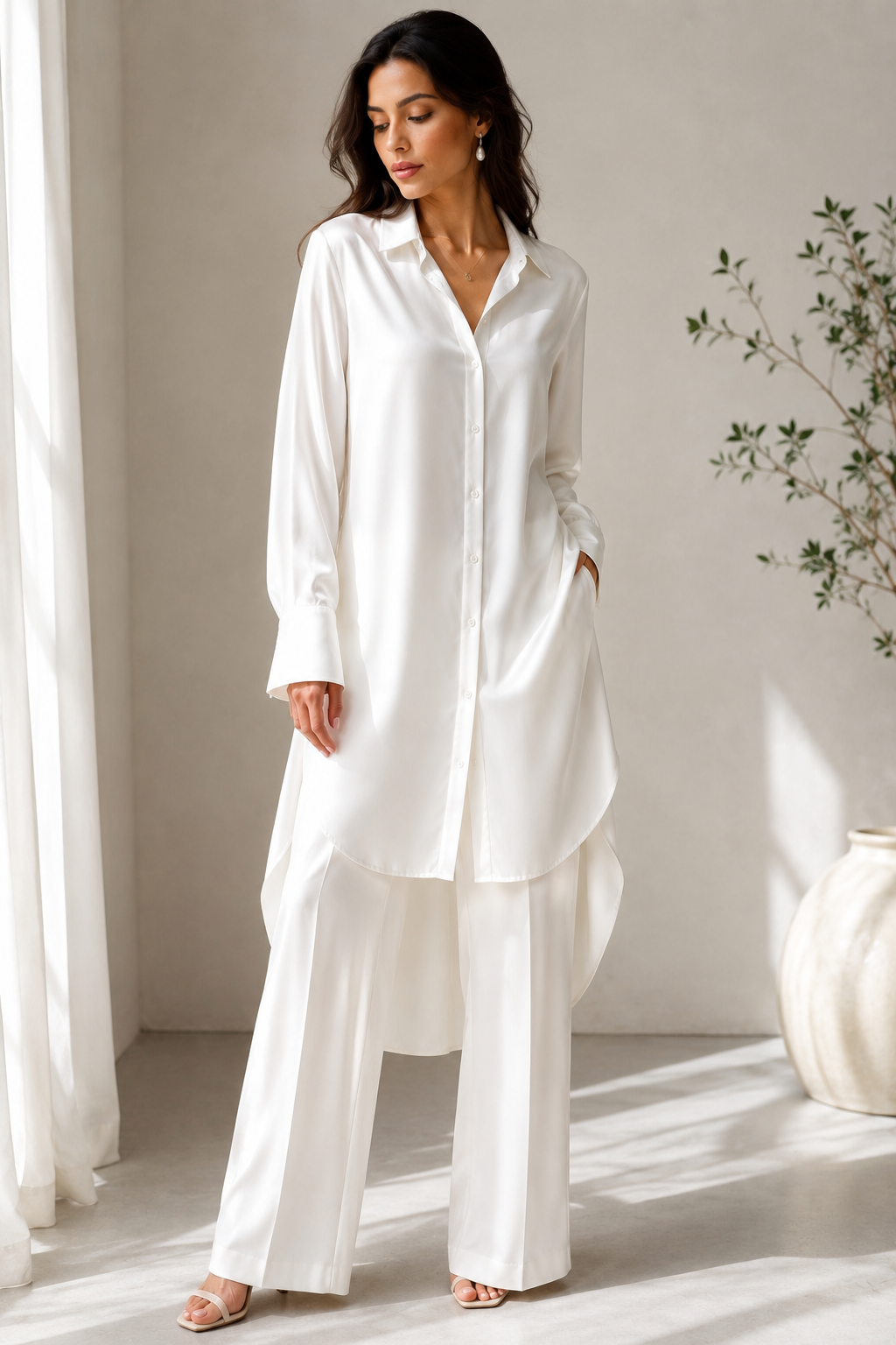 elegant white silk long shirt elegant white silk long shirt