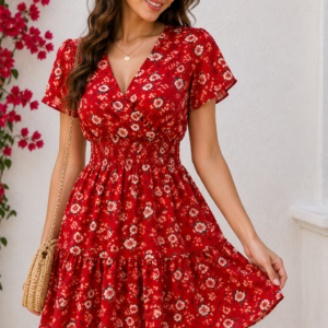 New Arrivals red floral short dress for women